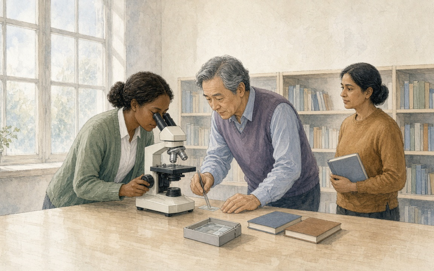 In a pale, daylit university library, a young researcher focuses a microscope while an older colleague places a glass slide on its stage and a third researcher brings over a bound journal volume.