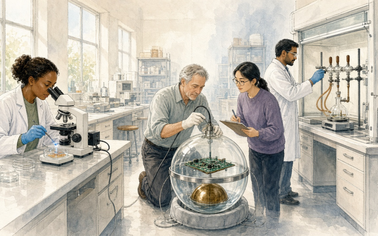 In a daylit university lab, a neuroscientist guides an optical fibre over a dish of cells at a microscope, two physicists connect a cable to a glass-sphere light sensor, and a chemist adjusts a glass manifold in a fume hood.