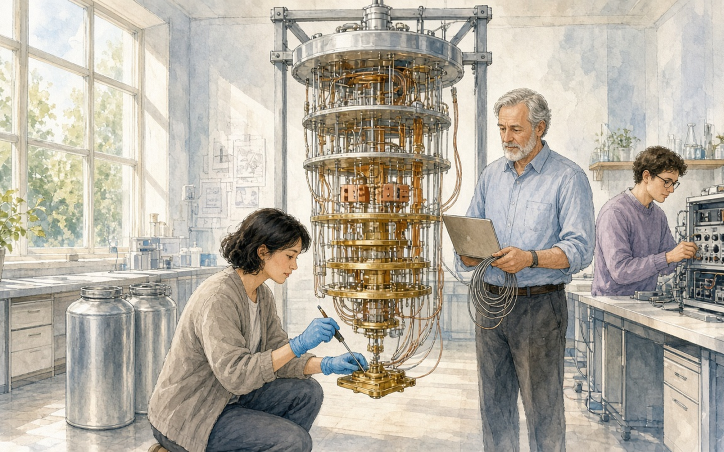 Three researchers at an opened dilution refrigerator in a daylit lab: one kneels in blue gloves to adjust the gold-plated stages, a colleague holds a laptop and a coil of cable, and a third works at an electronics bench.